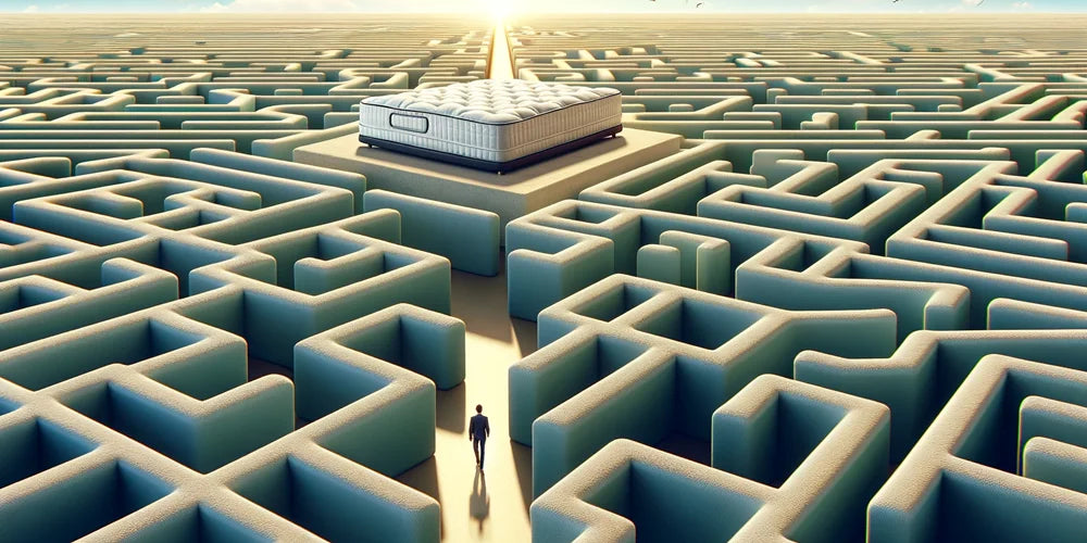 A person making their way through a maze towards a mattress at the end, depicting the challenge of finding the ideal mattress.