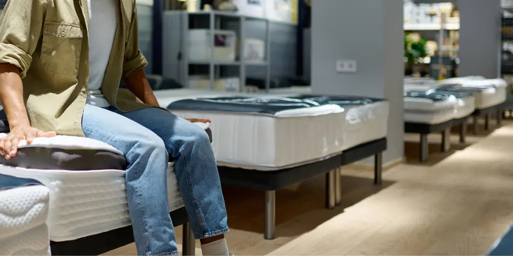 A person testing a queen-size bed in a mattress store