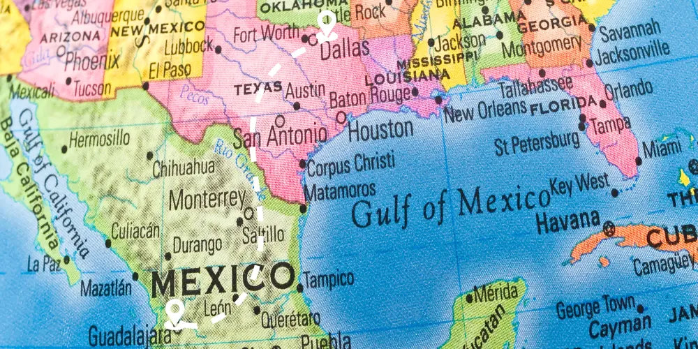 Map of Mexico and Texas depicting Artaban's move from Guadalajara to Mesquite