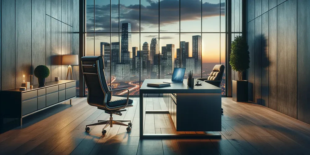 Landscape view of a high-end executive office overlooking a city skyline at dusk, symbolizing corporate leadership in the sleep brand industry.