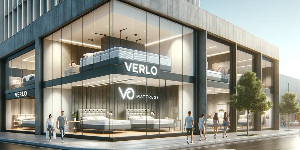 Modern concept for a Verlo Mattress store in an urban area, showcasing luxury mattresses and inviting customers for a premium shopping experience.