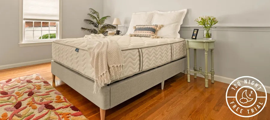 DLX Mattress on a platform bed, complete with blankets and pillows, highlighting the 120-night risk-free trial logo.