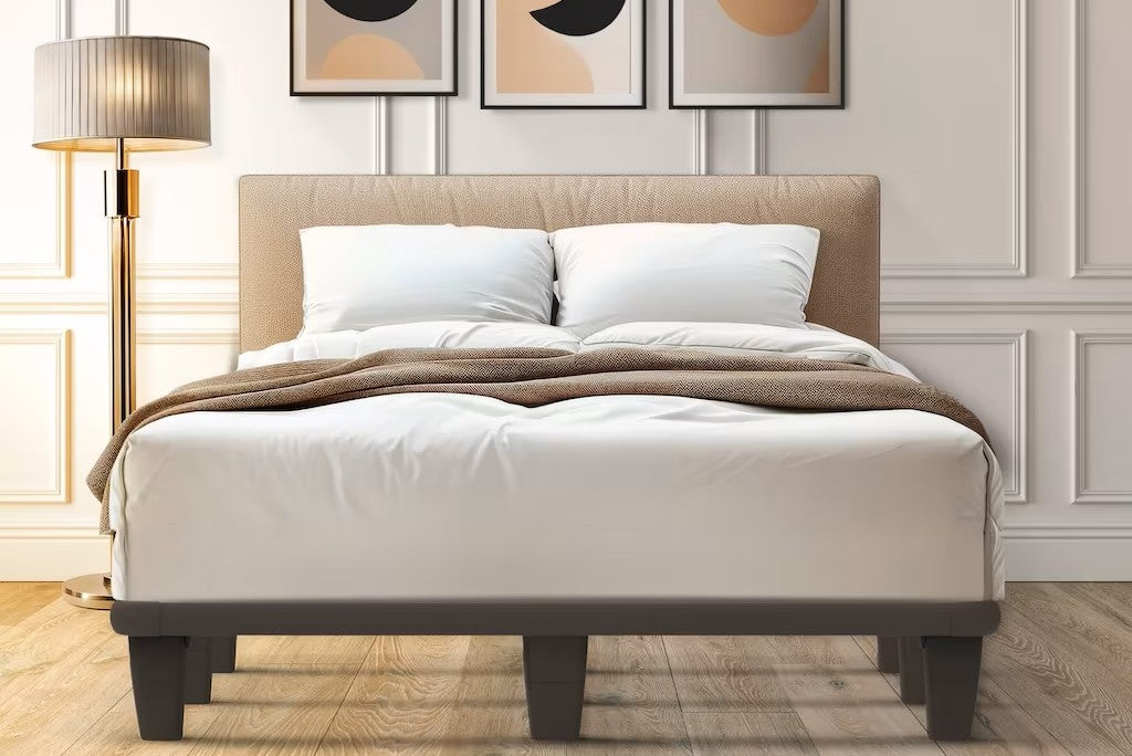 Modern bedroom featuring the Knickerbocker emBrace 360 Platform Bed in a classic black finish with a stylish upholstered headboard and wood flooring.